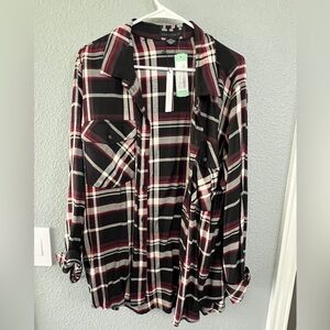 Sanctuary long sleeve, black/white/burgundy plaid shirt